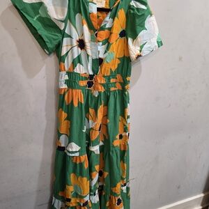 Anthropologie Green and Orange Floral Midi Dress